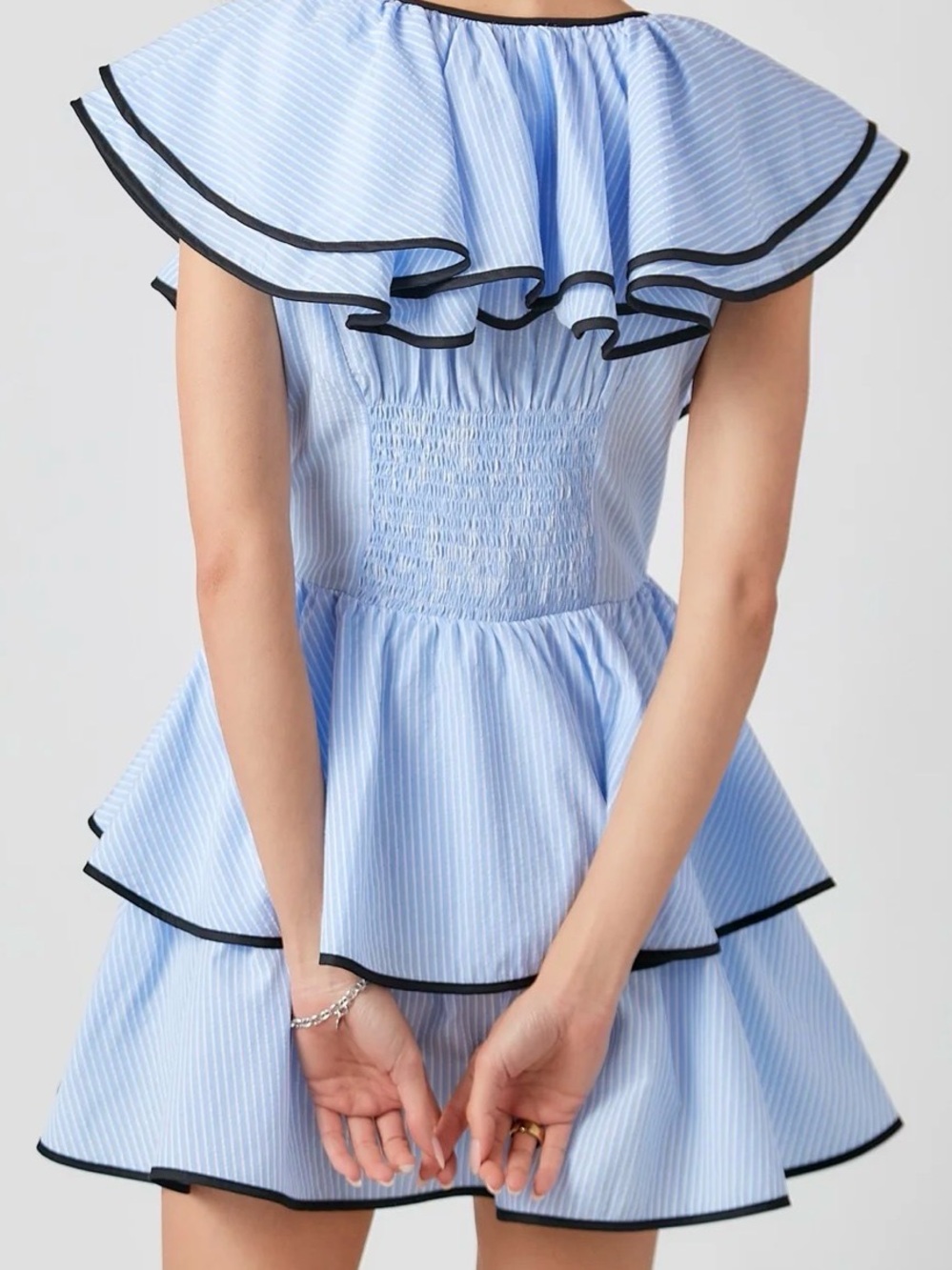 PIN STRIPE DOUBLE RUFFLE MINI DRESS - Picture 2 of 6